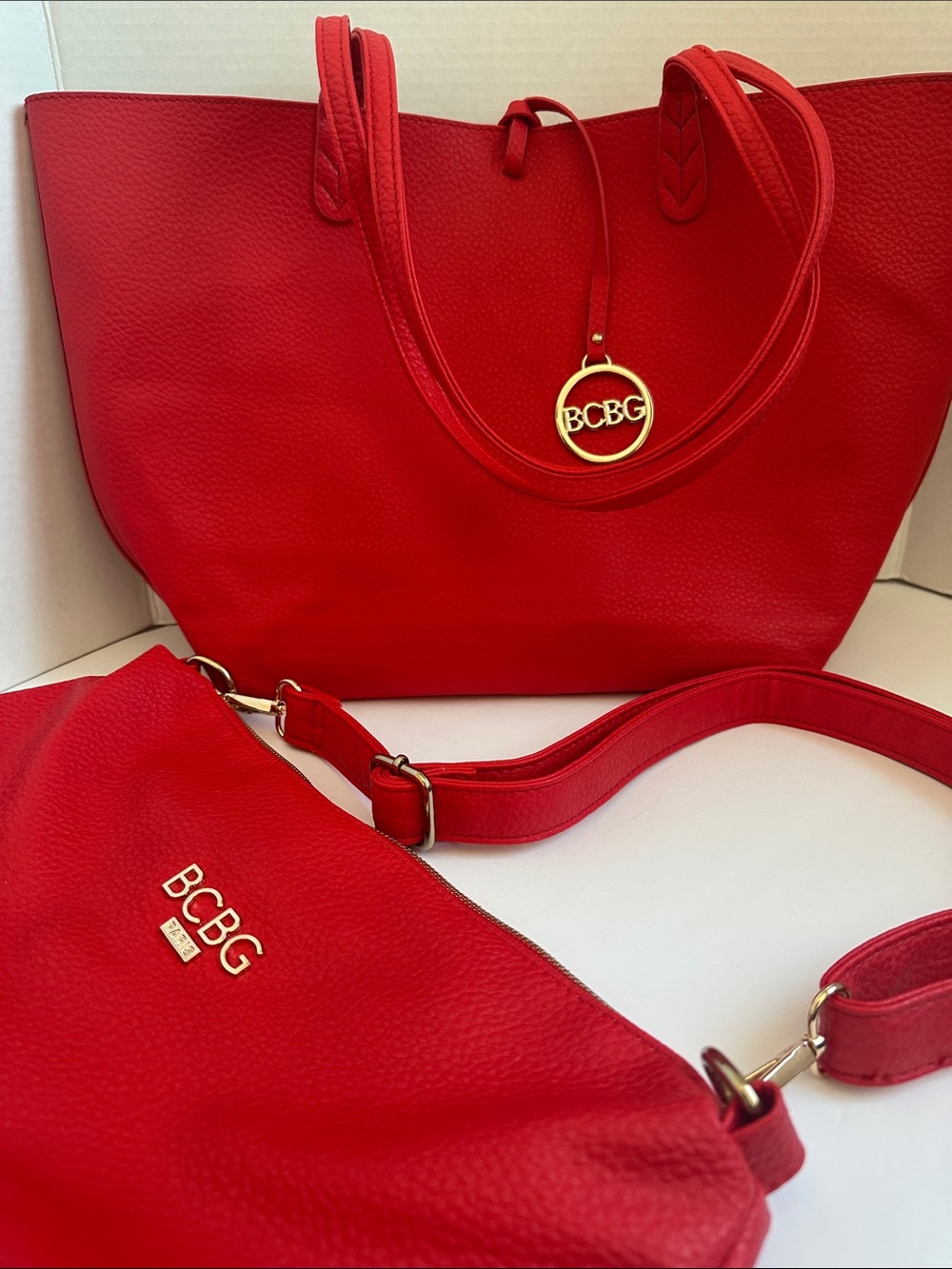 NWOT • BCBG Bright Red Pebbled Leather Tote and Shoulder Bag